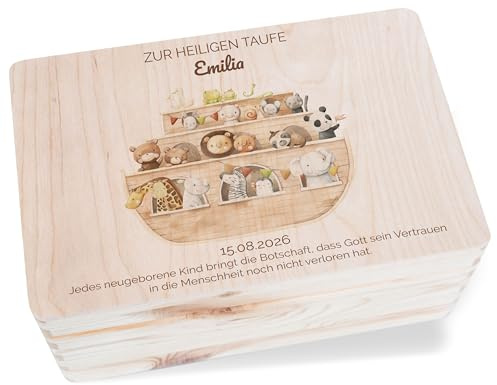 Holz Baby Geschenkbox Holzkiste Baby - Taufe - Personalisierbare Tauf Erinnerungsbox mit Arche Noah Motiv | Mit Namen und Datum gestalten | Taufgeschenke - 30 x 20 x 14 - Holz - taufbox taufspruch
