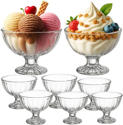 Eisbecher Glas 6 Stück 200ml Set, Eisschalen, Dessertgläser mit Fuß, Eisgläser, Dessertschalen für Eiscreme, Desserts, Eis, Vorspeise, Cocktails, Dessertgläser, Eiscremegläser (6-teiliges Set - 200ml)