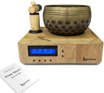 Automatische tibetische Klangschalen-Maschine – 15,2 cm handgefertigte Messingschale und Holzgehäuse, elektrische Klangschale, zufällige oder feste Intervallschläge, echte Handbewegung, freihändige