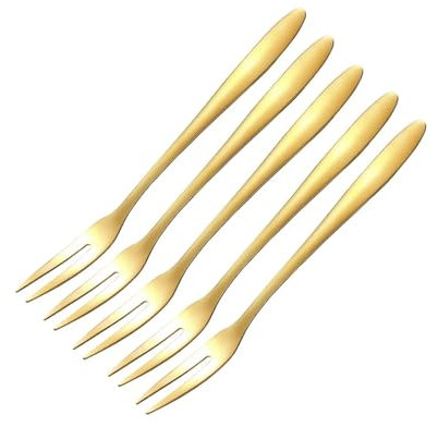 OZXLH 304 Stainless Steel Fruit Fork Snail Fork Dessert Cake Forks Salad Fork For Party Kitchen Tableware Set Gold Two-tine Forks SET(Golden 5PC)