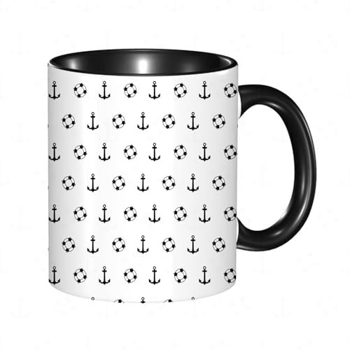 reyawdf Original Tasse mit lustigem Design,Nautische maritime Themenobjekte Anker und Rettungsringe Muster Marine,330ml, für Kaffee- und Teeliebhaber, als Geschenk für Weihnachten, Geburtstag und mehr