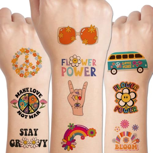 CHARLENT 79 Stück Hippie Temporäre Tattoos Kinder, Flower Power Motive | Groovy 70er Tattoos mit Frieden, Liebe und Blumen, ideal für Jungen und Mädchen, Geburtstage, Partys und Geschenktüten