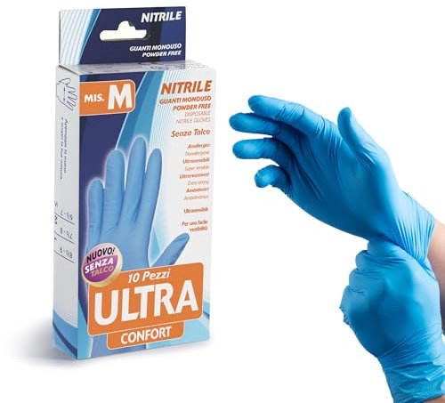 Bottari Guanti in Nitrile Monouso Senza Talco Ultra Confort, Confezione da 10 Pezzi, Taglia M, Resistenti e Comodi