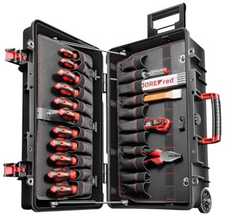 GEDOREred Werkzeugtrolley Meister XXL, 124-teiliges Werkzeugsortiment in sehr robustem Kunststoffkoffer inkl. Gasdruckfedern, R21902124