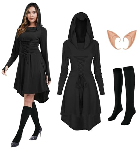 AFJIODUV Disfraz renacentista para mujer, vestido medieval vintage de manga larga con capucha para mujer, con medias y orejas de elfo, disfraces góticos de Halloween para carnaval, Halloween, cosplay