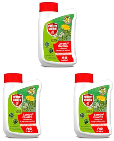 PROTECT GARDEN Universal-Rasenunkrautfrei Loredo Quattro Rasen-Unkrautvernichter gegen hartnäckige Unkräuter mit 4-fach Wirkung, 400 ml (Packung mit 3)