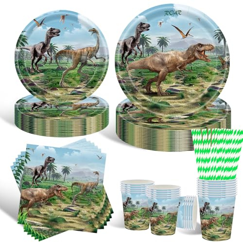Geburtstagsdeko Partygeschirr Set, 10 Gäste Dinosaurier Teller Set, Partygeschirr Set Mit Pappteller Und Becher Servietten Kindergeburtstag Partyzubehör für Geburtstag Deko Junge Mädchen Motto Party