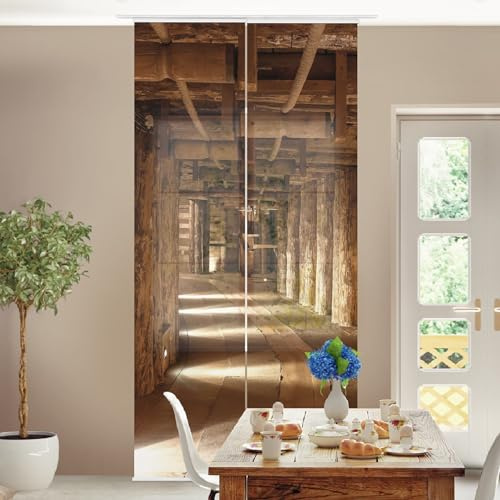 micasia Schiebegardine halbtransparent 60er Paneel Klett Holzoptik Textil lichtdurchlässig - Motiv Modern Flächenvorhang Wohnzimmer Schlafzimmer 1022 (120x250 cm - 2er Set)
