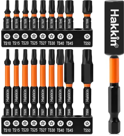 5 Punkt Torx Schraubendreher Bits Set 19 Stück Hakkin Spezial Schraubendreher 5 Point Torx Bit Set Lang 1/4” Screwdriver Bit Set 5 Stern mit Loch 60mm 25mm T10 T15 T20 T25 T27 T30 T40 T45 T50