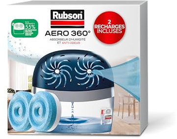 Rubson | Absorbeur d'Humidité Aero 360° pour pièces de 40 m² – Deshumidificateur d air anti moisissure & anti-odeur – 2 recharges neutres de 450 g incluses