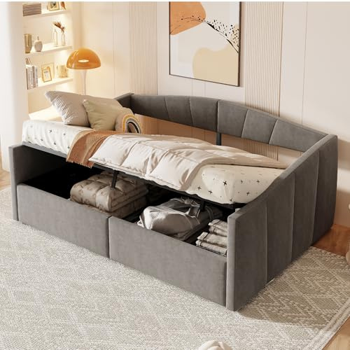Gxffipw Schlafsofa Tagesbett 140x200 cm mit Hydraulischer Stauraum, Schlafcouch Bettgestell mit Lattenrost und Armlehnen, Sofabett mit Klassisch Gestreift, Samt, Grau, Ohne Matratze