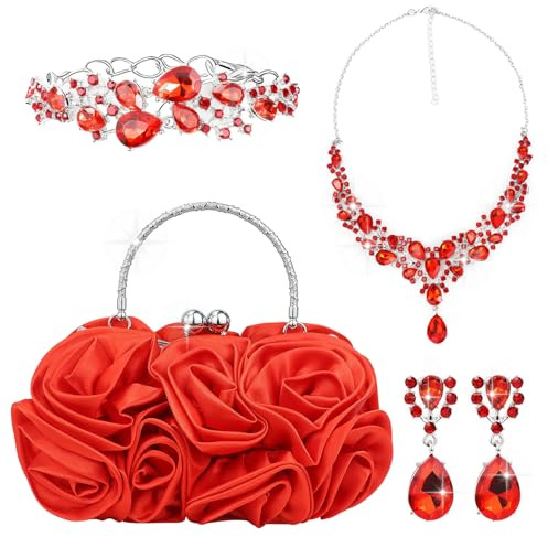 Kaxtde Rote Rose Dekorform Clutch, 4-teiliges Abendtasche Damen Deko Set, Kleine Elegante Handtasche für Valentinstags Geschenke Party Hochzeit Fotoshooting