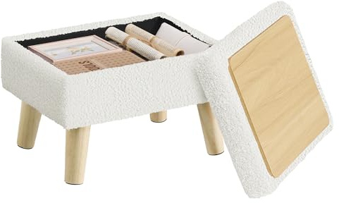 SONGMICS Storage Ottoman, Foot Stool, Ottoman with Padded Seat, Foot Rest with Wood Legs, Small Table, for Hallway, Living Room, 30 x 40 x 29 cm, Teddy Fleece, Cream White LOM518WD02