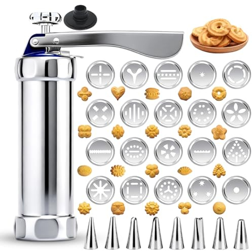 Presse à pâtisserie et pâtisserie - En acier inoxydable - Avec 20 pochoirs et 8 buses - Presse à pâte et seringue à pâtisserie pour pâtisseries - Presse à biscuits avec spatule et brosse - Idéal pour
