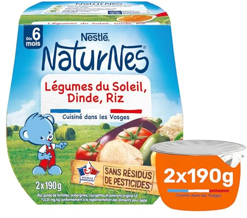 Nestlé - NaturNes Légumes du Soleil, Dinde & Riz - Repas Complet pour Bébé 6 Mois+ - Alimentation Bébé 100% Naturelle - Sans Sel Ajouté, Sans Colorant ni Conservateur - Cuisiné en France