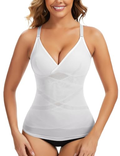 MISS MOLY Top Modellante da Donna con Maglia a Rete, Canottiera Shapewear con Pancia Piatta, Reggiseno a Spalla Elastico, Body Shaper, Camisetta Modellante, Camicia Modellante, bianco, M
