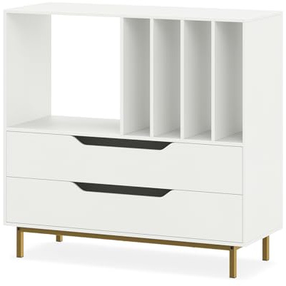 GIANTEX Meuble Platine Vinyle, Support pour Vinyles avec Compartiments Ouverts, 4 Séparateurs, Pieds Métalliques et Tiroir, Étagère pour Disques en Bois pour Salle de Musique, Salon (Blanc)