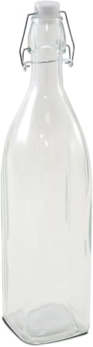JUANIO Paquete de 10 Botellas Cuadrada de Vidrio con Tapa Hermética, Jarra con Cierre de Clip, Botellas de Nevera para Agua Leche Zumo Limonada, Capacidad 1L - Largo 8,2 x Ancho 8,2 x Altura 31,8 cm