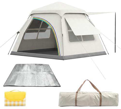 Camping Tent, 3-4 Person Pop up Tent with 2 Doors 2 Mesh Windows, Waterproof Sun Protection 210D Oxford Tent with Groundsheet,Picnic Mat, Storage Bag for Camping Hiking Picnic