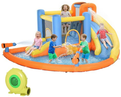 AIYAPLAY 5 in 1 Bouncy Castle for Children 13.8 x 11.8 FT Large Inflatable | Bounce House, Dual Slides, Water Cannons, Trampoline, Splash Pool, Climbing Wall, Blower, Indoor Outdoor Fun