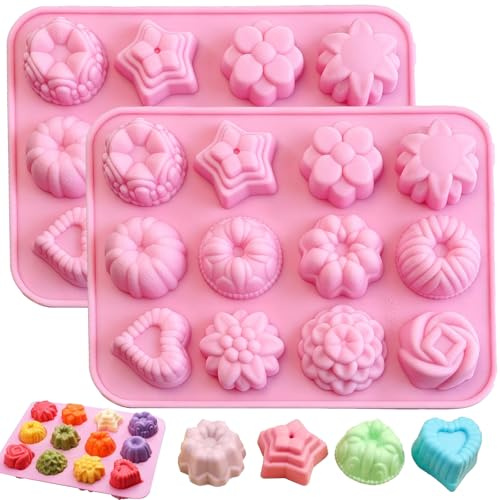 YOUYIKE 2 Stück Mini Gugelhupfform, Mini Backform Gugelhupfformen - 12er Silikon Muffinblech Backformen mit Antihaftbeschichtung für Muffins, Cupcakes, Brownies, Kuchen, Pudding Rosa
