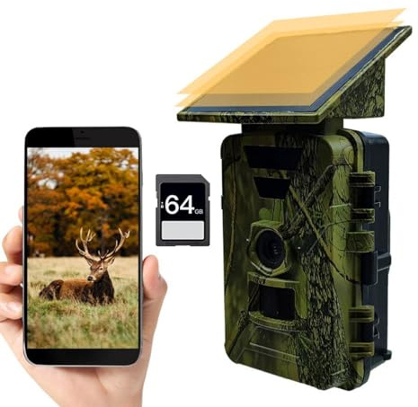 SkyFace Fototrappola con Pannello Solare,Wifi Bluetooth Fototrappola,Fotocamera Velocità di Trigger 0,2s, Angolo di Rilevamento 120° HD Visione Notturna Impermeabile IP66 Scheda SD da 64GB