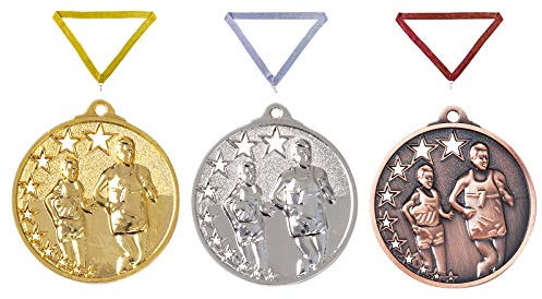 Henecka Medaille Leichtathletik • Volkslauf, Medaillen mit Wunschgravur, inklusive Halsband, wählbar in Gold, Silber, Bronze, oder als 3er-Serie (Gold)