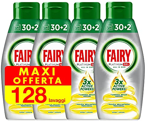 Fairy Reinigungsgel für Spülmaschine - 128 Waschgänge - 4 Flaschen mit je 32 Waschgängen - Zitrone