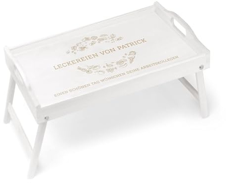 Maverton Frühstückstablett mit Gravur - Betttisch mit Griffen - klappbare Beine - erhöhter Rand - Weiß - Geburtstagsgeschenk für Männer - Einzugsgeschenke - Leckereien