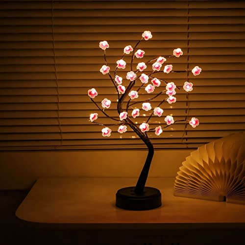 Lámpara de árbol de Cerezo en Flor de 18 Pulgadas, Luces de árbol bonsái con 36 Ramas LED Ajustables, Bonitas Decoraciones para Dormitorio, hogar, Fiesta de Navidad, Funciona con batería/Enchufe USB,