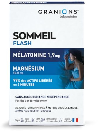 GRANIONS SOMMEIL FLASH pour un sommeil en or - Facilite l'endormissement - 99% des actifs libérés en 2 minutes, assimilation rapide sublinguale - petits comprimés gout fruits rouges - Made in France
