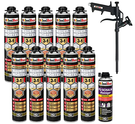 Isolbau Mauermörtel Set: 10x 750 ml PU-Mörtel 1x 500 ml Pistolenreiniger 1x Teflon Schaumpistole, PU-Reiniger, Montageschaum, Pistolenschaum