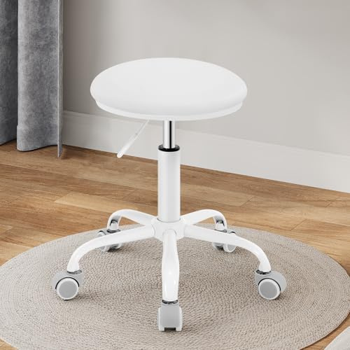 EUGAD Silla de Oficina con Ruedas, Taburete Giratorio 360° y Ajustable en Altura, Silla Redonda para Tocador, Estudio o Dormitorio, Aiento Regulable en 45,5-57,5 cm, PU, Blanco, 0180BGY