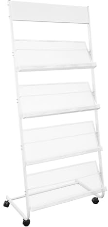 C-Juzarl Prospekthalter, Zeitschriftenständer mit Rollen, 4 Schicht Prospektständer, 63x36x148 cm, Stehend, Stahl, für Broschüren, Faltblätter und Zeitschriften (Weiß)