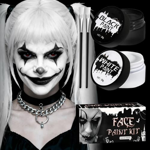 Maquillaje Halloween Blanco y Negro, Pinturas Corporales Blanco Negro con 2 Pinceles, Pinturas cara para Niños Adulto Halloween, para Teatral Halloween Carnaval Fiesta Cosplay
