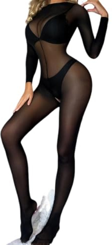 PARUPRUP Donna Sexy Rete Transparente Bodystocking Maniche Lunghe con Apertura sul Cavallo Tuta (Nero 1, Taglia unica)