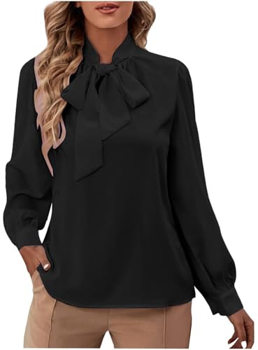 Top da donna eleganti con maniche a sbuffo lunghe, fiocco frontale, colletto rialzato, camicette eleganti per lavoro casual business, Nero , XXL