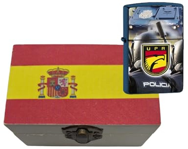 Mechero Gasolina Recargable UPR Policía Nacional con Caja de Madera Bandera España – Encendedor Estilo Clásico – Regalo Original para Aficionados y Policías – Colección Fuerzas de Seguridad (UPR)