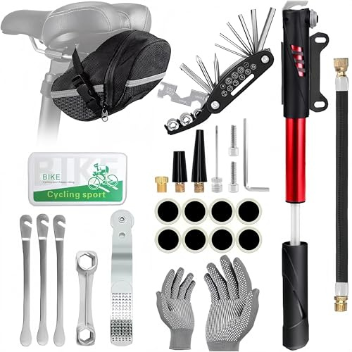 Juego de reparación de bicicletas con bolsa de sillín 16 en 1, herramienta multifunción para bicicleta, juego de herramientas con mini bomba de bicicleta, desmontador de neumáticos, parche de remiendo