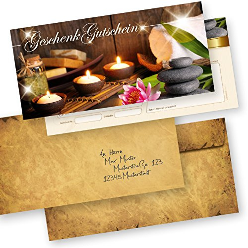 tatmotive Gutscheine Massage & Beauty 50 Stück mit Umschlägen | zum einfachen Eintragen und Stempeln, inklusive passender Briefumschläge, Geschenkgutscheine für Wellness