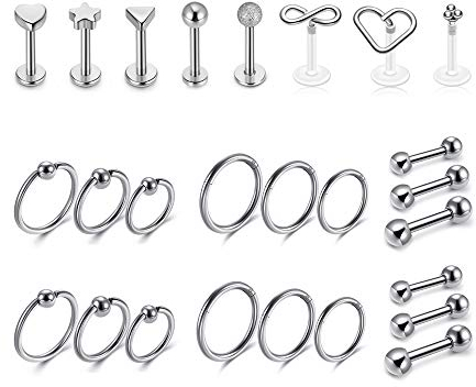 PiercingJak Körperpiercing Set Chirurgenstahl Labret Septum Barbell Stud für Helix Tragus Knorpel Ohr Piercing Lippenpiercing Nasenpiercing Ohrstecker mit Kugel Punk Schmuck Silber Piercings 8-12mm