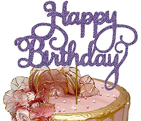 Happy Birthday Cake Topper Glitter Cardstock Toppers - Birthday Decor - Party Decor Supplies - Cake Decoration Items - Glitter Cake Topper - 7 Inches x 5 Inches - Purple