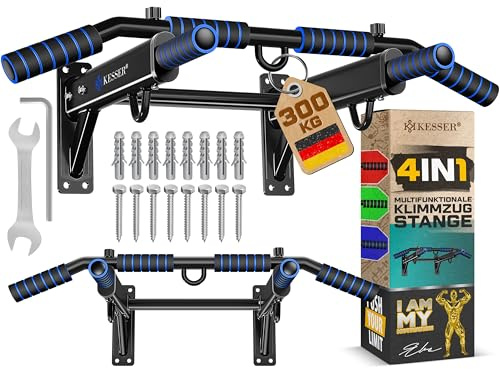 KESSER® Barra per trazioni 4 in 1 per montaggio a parete, maniglie antiscivolo, funzione aggiuntiva per corde, anelli e sacchi da boxe | Barra per trazioni per la casa, blu