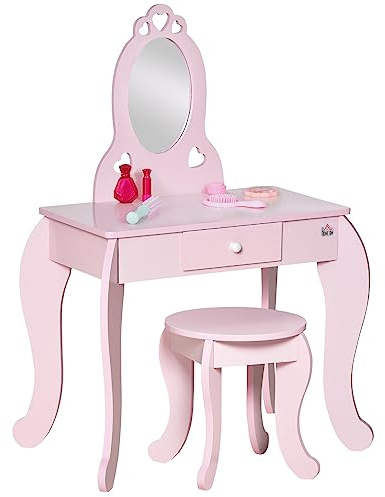 HOMCOM Kids Vanity Table & Stool Dressing Table with Mirror in Pink