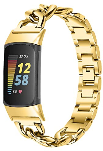 AISPORTSCharge Kompatibel med Fitbit Charge 6 och Charge 5, rostfritt stål, solid justerbar cowboykedja sportarmband metallarmband ersättningsrem
