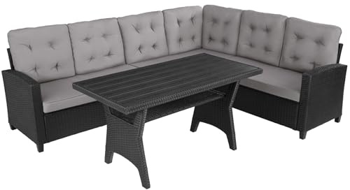 tectake® Loungeset för Trädgård, Utemöbler av UV-beständig Konstrotting, Rottingmöbler med Stålram, Utesoffa med Kopplingsfästen, Vattenavvisande Överdrag, Utebord - Svart