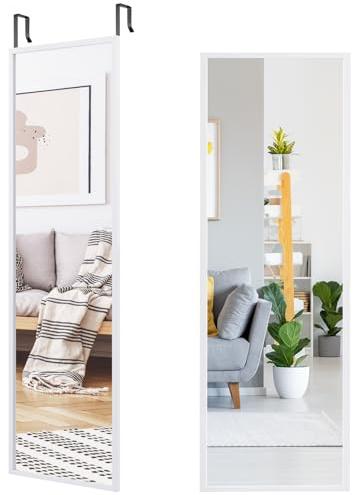 COSTWAY Over the Door Mirror, Full Length Hanging Mirrors with Adjustable Hooks, Wall Mounted Dressing Mirror for Bathroom, Bedroom and Wardrobe, 108 x 36cm (White)