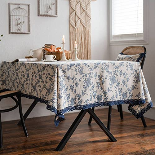 Tischdecke,Retro-Spitzen-Leinen-Tischdecke, Weiße Pastorale, Blaue Rosendruck-Tischdecke, Natürliche Baumwoll-Tischdecke Für Rechteckigen Tisch, Hochzeitsfeier, Esszimmer, Bankett-Dekoration, 60 X 6