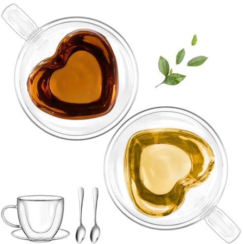 glastal 150ml Tazza da Caffè in Doppio Vetro Set di 2 Bicchieri Espresso Doppia Parete con Manico e Cucchiaio per Tè, Latte, Regali di San Valentino Anniversario Compleanno per Genitori Coppie Lei