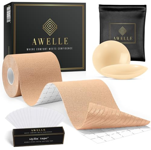 AWELLE® All-in-One Styling Set: Boob Tape - Sujetador sin Espalda para Pechos Grandes. con Almohadillas súper Adhesivas (hasta 50 Veces) para los pezones y 20 Cintas de Moda para el Look definitivo.